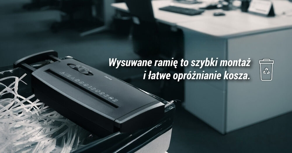 Niszczarka HAMA Classic S60 Shredder P-2, Paski, Automatyczny Start/Stop, Funkcja cofania Niszczarka Hama Classic S60 widoczna w koszu na ścinki, z tekstem Wysuwane ramię to szybki montaż i łatwe opróżnianie kosza. na rozmytym tle biura praktyczna niszczarka biurowa codzienne niszczenie dokumentów wysuwane ramię szerokość pojemników oszczędność miejsca