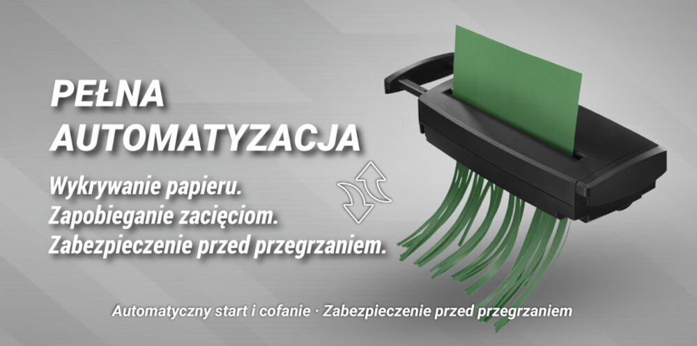Niszczarka HAMA Classic S60 Shredder P-2, Paski, Automatyczny Start/Stop, Funkcja cofania Niszczarka Hama Classic S60 w akcji, niszcząca zieloną kartkę w paski, z tekstem PEŁNA AUTOMATYZACJA. Wykrywanie papieru. Zapobieganie zacięciom. Zabezpieczenie przed przegrzaniem. Automatyczny start i cofanie automatyczny start i zatrzymanie rewers zabezpieczenie przed przegrzaniem bezobsługowa praca