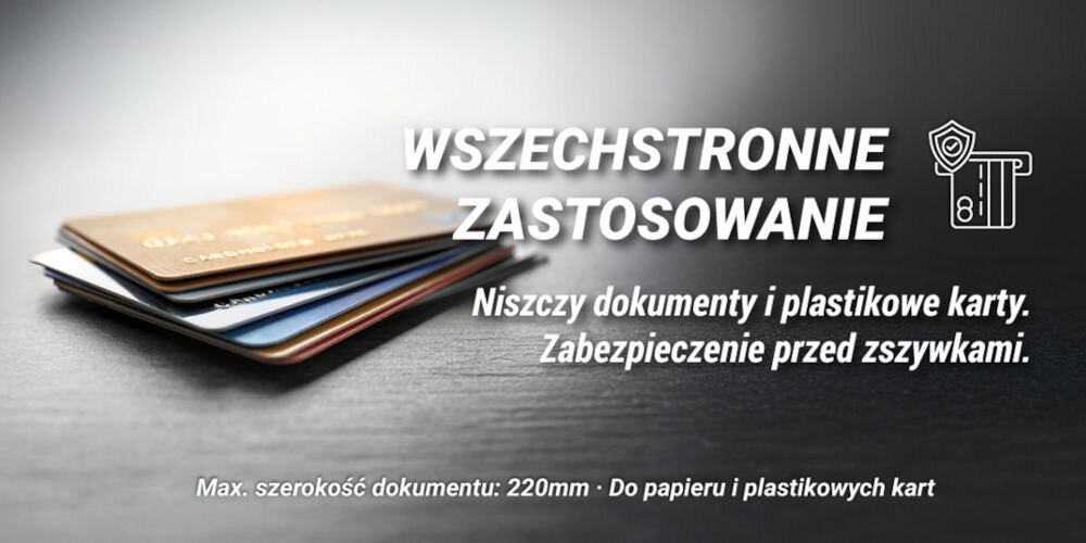 Niszczarka HAMA Classic S60 Shredder P-2, Paski, Automatyczny Start/Stop, Funkcja cofania Stos kart płatniczych leżący na ciemnym blacie, z tekstem WSZECHSTRONNE ZASTOSOWANIE. Niszczy dokumenty i plastikowe karty. Zabezpieczenie przed zszywkami. Max. szerokość dokumentu: 220mm - Do papieru i plastikowych kart papierowe dokumenty plastikowe karty noże stalowe zszywki szerokość dokumentów A4