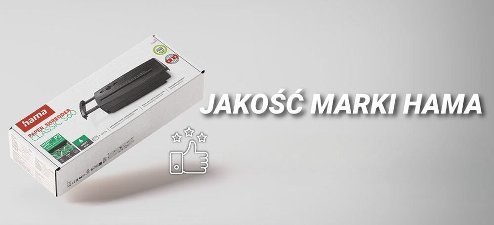 Niszczarka HAMA Classic S60 Shredder P-2, Paski, Automatyczny Start/Stop, Funkcja cofania Pudełko niszczarki Hama Classic S60 z logo Hama i tekstem JAKOŚĆ MARKI HAMA obok ikony kciuka w górę i gwiazdek bezpieczeństwo wygoda trwałość cicha praca