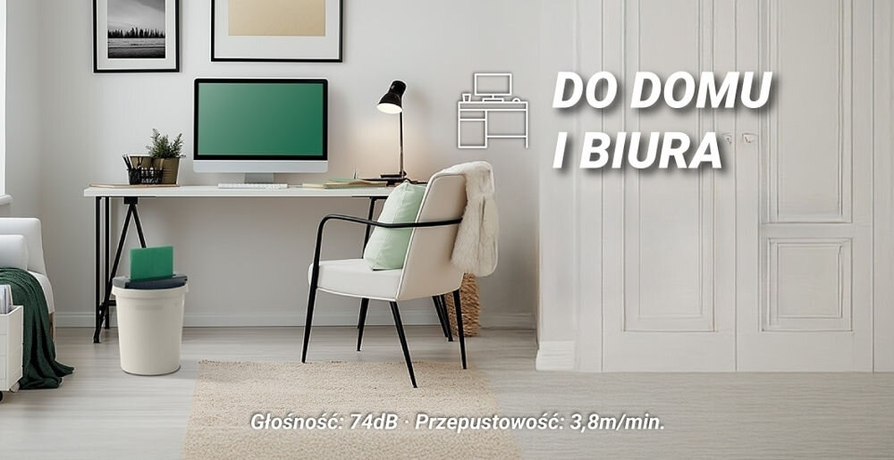 Niszczarka HAMA Classic S60 Shredder P-2, Paski, Automatyczny Start/Stop, Funkcja cofania Niszczarka Hama Classic S60 w środowisku domowego biura, z tekstem DO DOMU I BIURA. Głośność: 74dB - Przepustowość: 3,8m/min dom małe biuro prędkość hałas cicha wydajna praca do 6 kartek A4