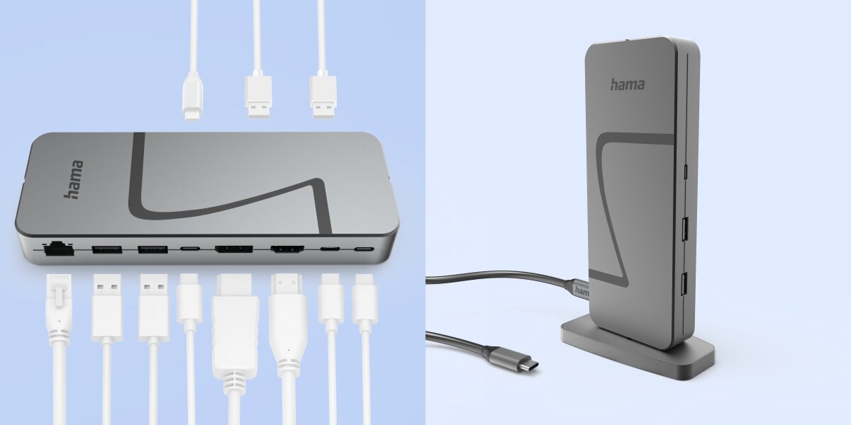 Stacja dokująca HAMA Connect2Office Speed USB Typu C, Pasywna Schemat podłączenia różnych przewodów do stacji dokującej Hama, w tym kable Ethernet, USB, HDMI oraz zasilanie USB-C.