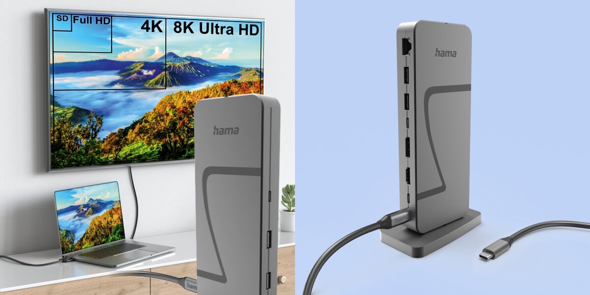 Stacja dokująca HAMA Connect2Office Speed USB Typu C, Pasywna Stacja dokująca Hama USB-C z obsługą rozdzielczości 8K Ultra HD, podłączona do laptopa i dużego ekranu zewnętrznego.