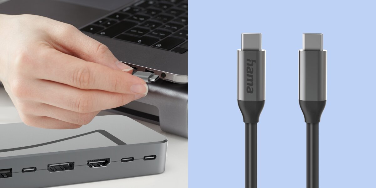 Stacja dokująca HAMA Connect2Office Speed USB Typu C, Pasywna Moment podłączania stacji dokującej Hama do portu USB-C w laptopie przy użyciu wytrzymałego kabla z metalową końcówką.
