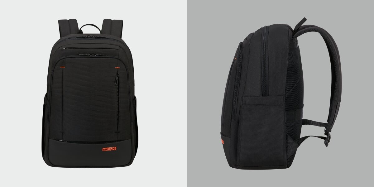 Plecak na laptopa AMERICAN TOURISTER Urban Groove 155520-1041 15.6 cala Czarny plecak American Tourister widziany z przodu oraz z profilu, pokazujący kieszenie boczne. 