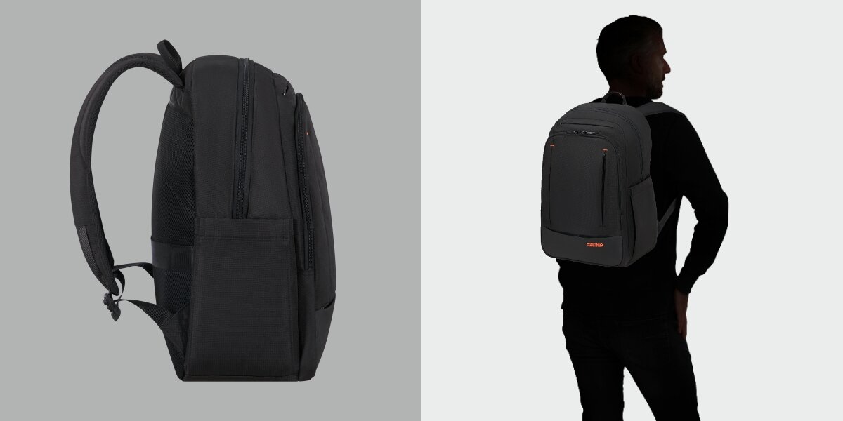 Plecak na laptopa AMERICAN TOURISTER Urban Groove 155520-1041 15.6 cala Profil czarnego plecaka oraz sylwetka mężczyzny z założonym plecakiem American Tourister na plecach. 