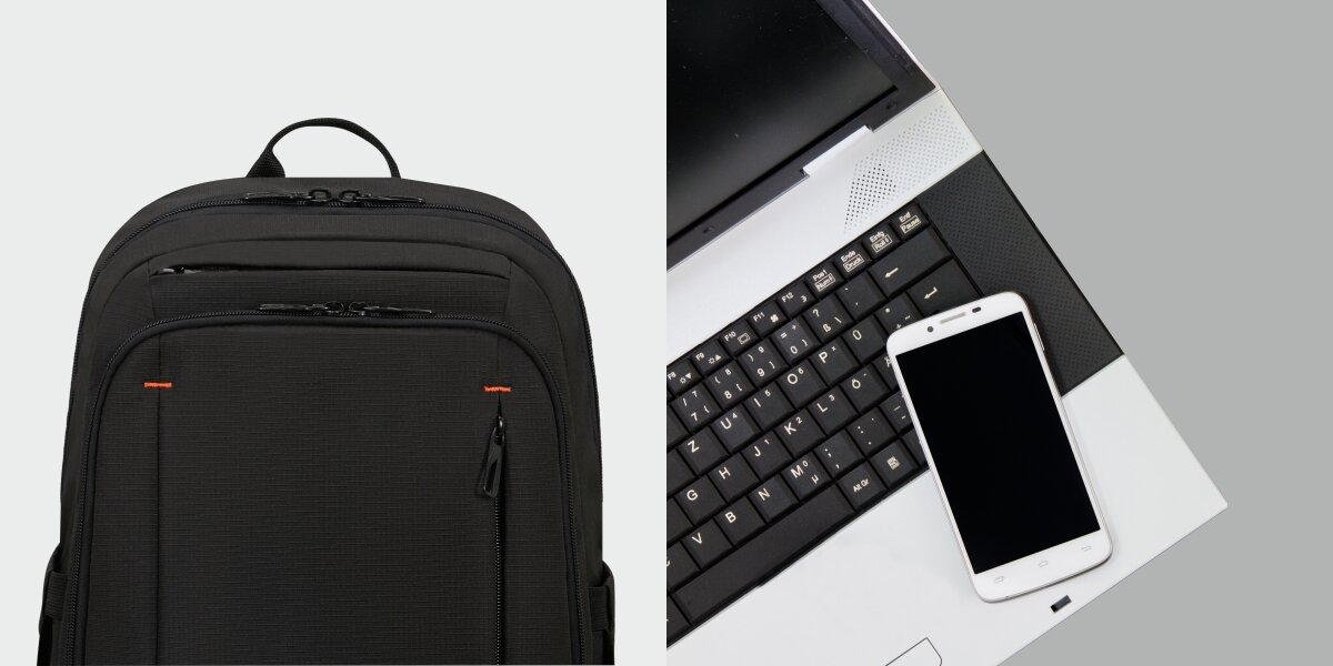 Plecak na laptopa AMERICAN TOURISTER Urban Groove 155520-1041 15.6 cala Zbliżenie na górną część czarnego plecaka z zamkami oraz zestaw laptop i smartfon sugerujący przeznaczenie produktu. 