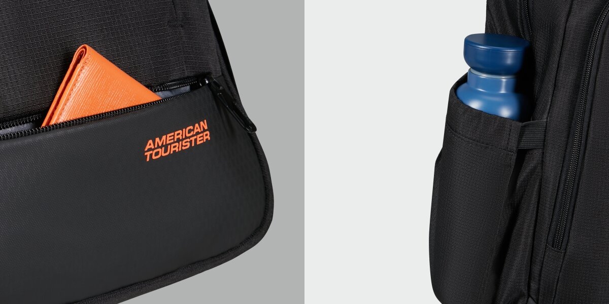 Plecak na laptopa AMERICAN TOURISTER Urban Groove 155520-1041 15.6 cala Detale plecaka: przednia kieszeń z pomarańczowym portfelem oraz boczna kieszeń z niebieską butelką na wodę. 