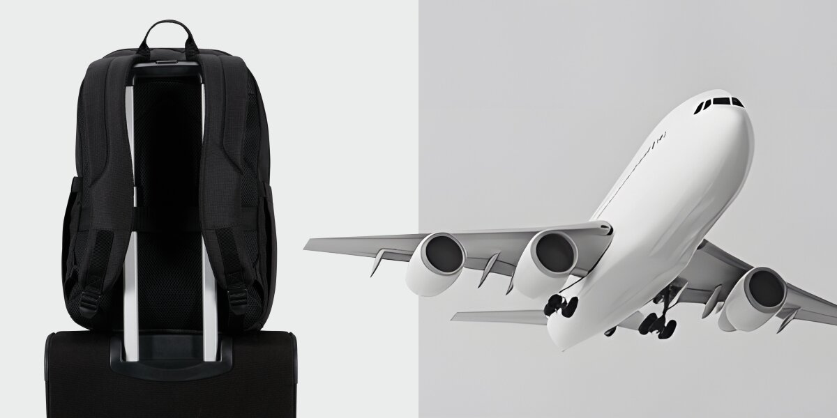 Plecak na laptopa AMERICAN TOURISTER Urban Groove 155520-1041 15.6 cala Tył plecaka z pasem do mocowania na uchwycie walizki oraz grafika samolotu symbolizująca plecak podróżny. 