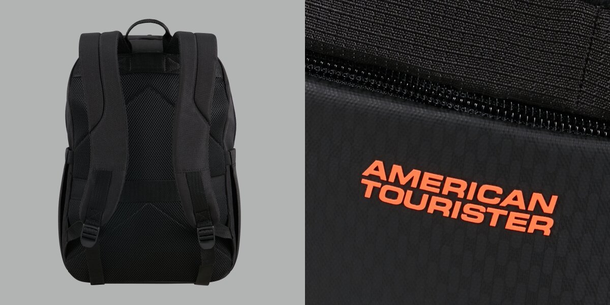 Plecak na laptopa AMERICAN TOURISTER Urban Groove 155520-1041 15.6 cala Tył plecaka z ergonomicznymi szelkami oraz zbliżenie na pomarańczowe logo American Tourister na czarnym materiale. 