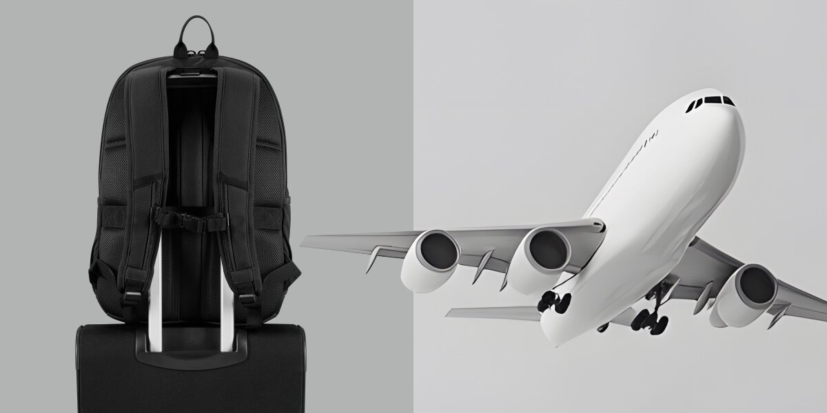 Plecak na laptopa AMERICAN TOURISTER Urban Groove 155517-1041 17.3 cala Czarny Plecak American Tourister zamontowany na rączce walizki podróżnej (funkcja Smart Sleeve) na tle grafiki samolotu