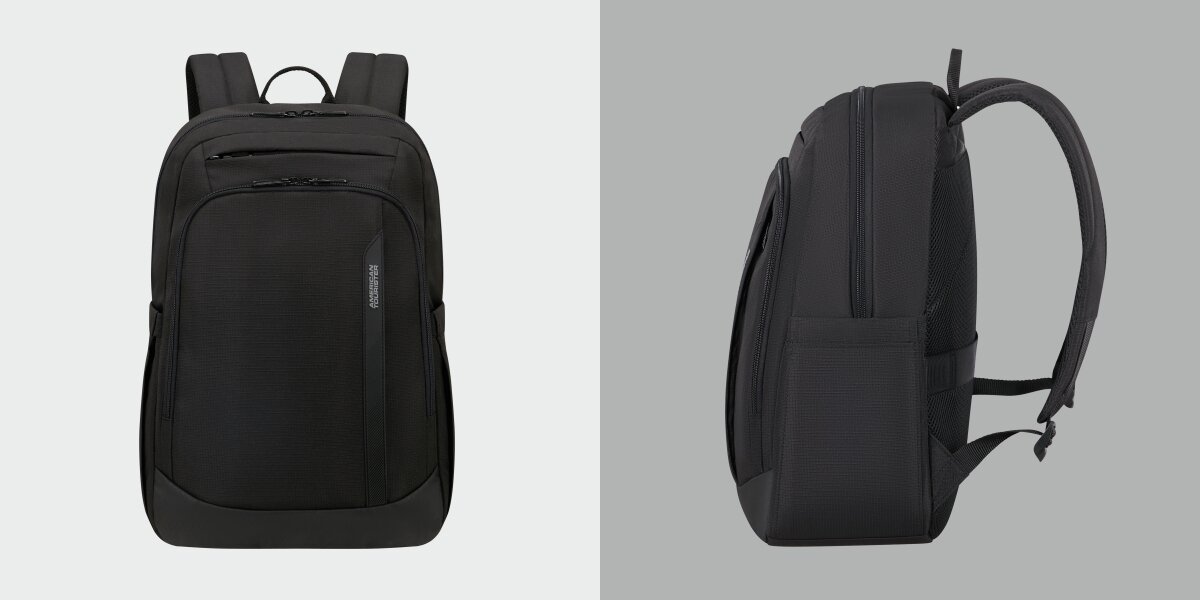 Plecak na laptopa AMERICAN TOURISTER Urban Groove 155519-1041 15.6 cala Czarny Czarny plecak biznesowy American Tourister – widok od przodu oraz profil prezentujący wyściełane szelki i kieszeń boczną