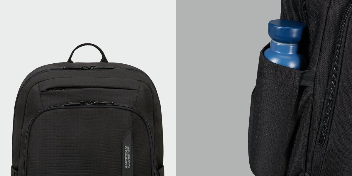 Plecak na laptopa AMERICAN TOURISTER Urban Groove 155519-1041 15.6 cala Czarny Górna część plecaka z uchwytem i zamkami oraz zbliżenie na boczną kieszeń z umieszczoną w niej niebieską butelką