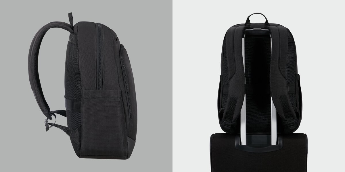 Plecak na laptopa AMERICAN TOURISTER Urban Groove 155519-1041 15.6 cala Czarny Profil plecaka oraz widok tyłu z funkcją Smart Sleeve pozwalającą na stabilne nałożenie plecaka na rączkę walizki