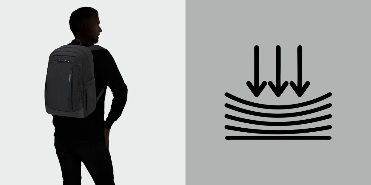 Plecak na laptopa AMERICAN TOURISTER Urban Groove 155519-1041 15.6 cala Czarny Sylwetka mężczyzny z plecakiem American Tourister na plecach oraz ikona symbolizująca system amortyzacji lub miękkie wyściełanie