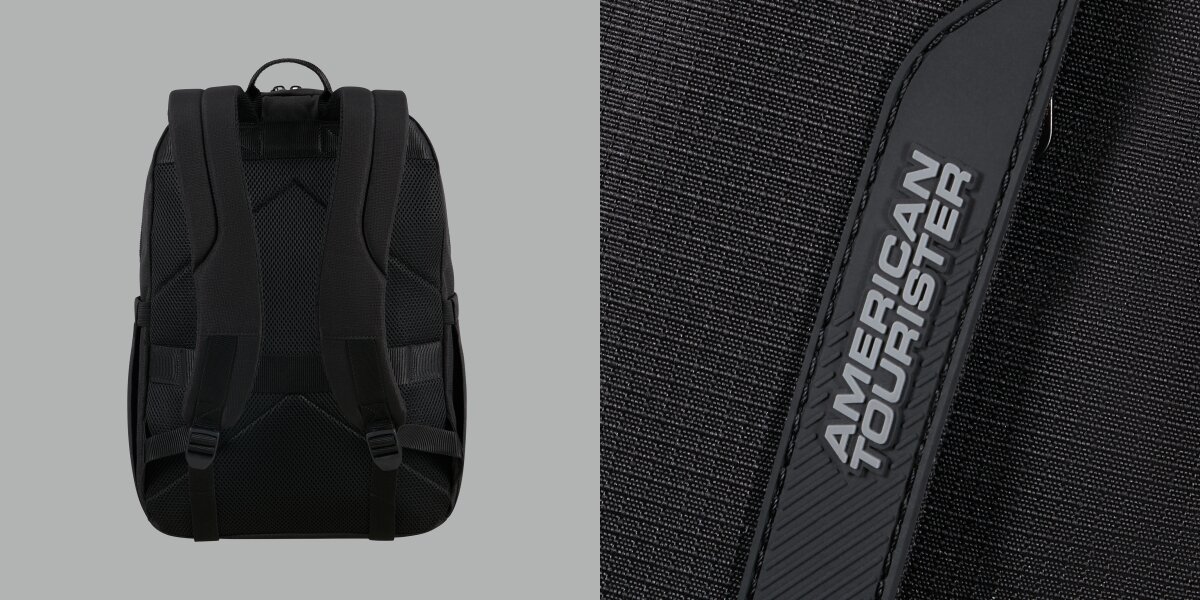 Plecak na laptopa AMERICAN TOURISTER Urban Groove 155519-1041 15.6 cala Czarny Tył plecaka z oddychającą siatką na plecach oraz duże zbliżenie na gumowane logo American Tourister na materiale