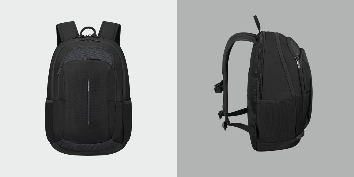 Plecak na laptopa AMERICAN TOURISTER Urban Groove 155516-1041 15.6 cala Czarny Czarny plecak American Tourister na laptopa widoczny z przodu oraz z boku, prezentujący ergonomiczną konstrukcję i boczne kieszenie.