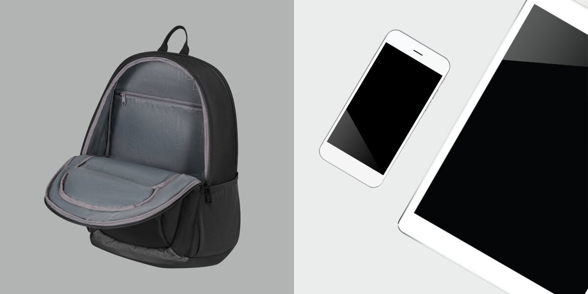 Plecak na laptopa AMERICAN TOURISTER Urban Groove 155516-1041 15.6 cala Czarny Otwarta komora główna czarnego plecaka z szarą podszewką obok grafik smartfona i tabletu, sugerujących dedykowane miejsce na elektronikę.