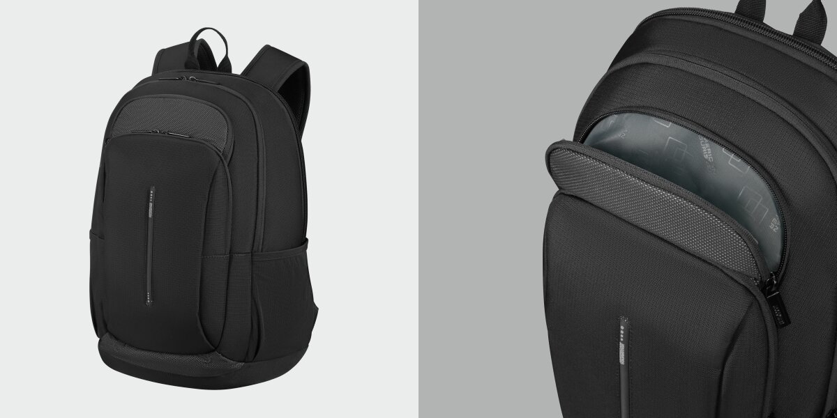 Plecak na laptopa AMERICAN TOURISTER Urban Groove 155516-1041 15.6 cala Czarny Widok na czarny plecak pod kątem oraz zbliżenie na uchyloną przednią kieszeń z organizerem na drobne akcesoria.