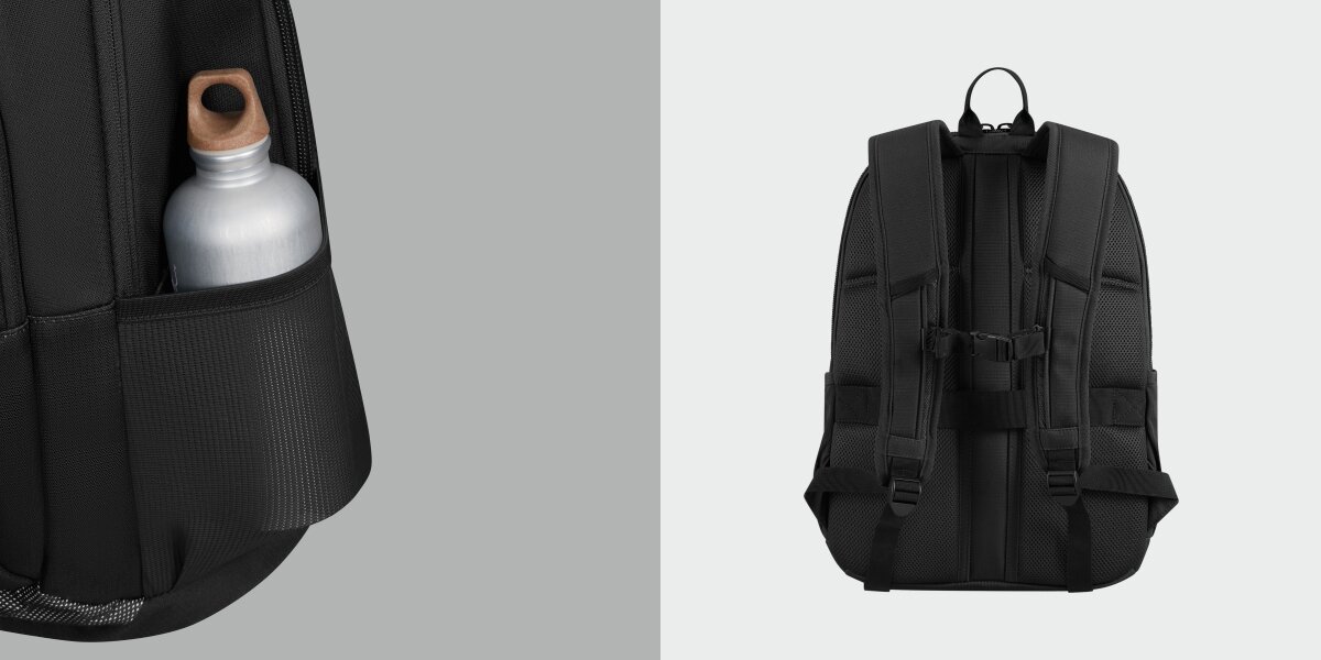 Plecak na laptopa AMERICAN TOURISTER Urban Groove 155516-1041 15.6 cala Czarny Praktyczna boczna kieszeń siatkowa z bidonem oraz widok na tył plecaka z miękkimi panelami wentylacyjnymi i pasem piersiowym.