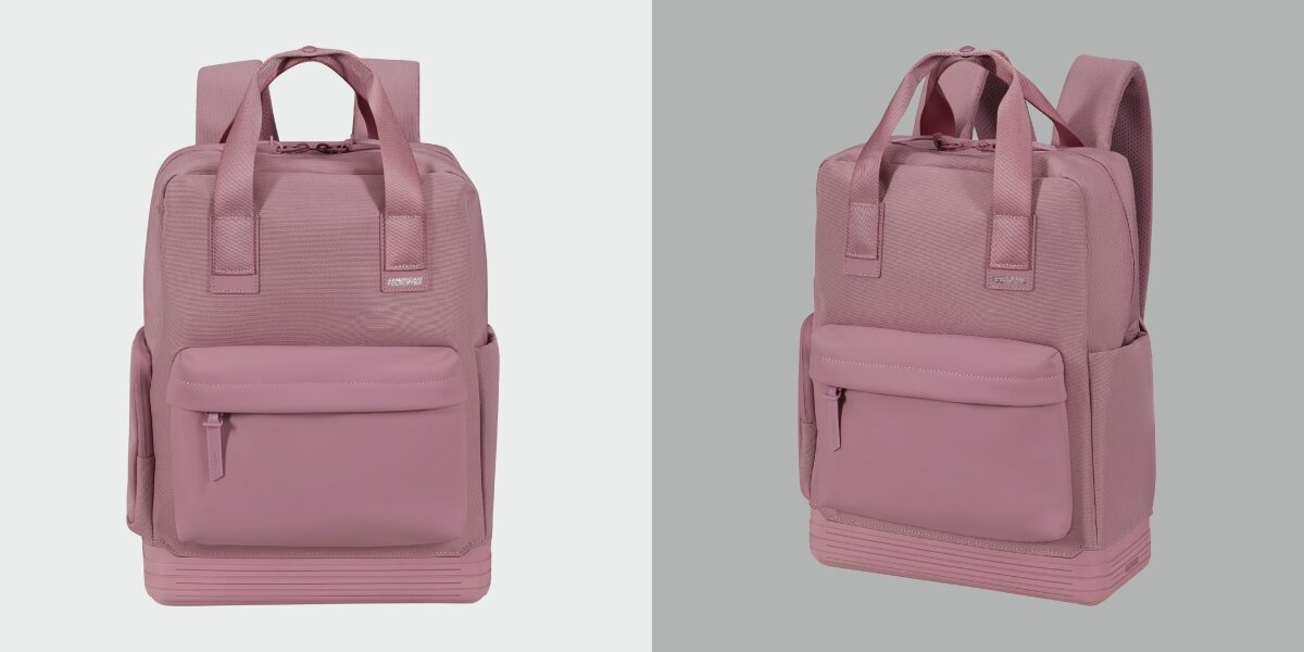 Plecak na laptopa AMERICAN TOURISTER Soulpack Business BP Tote 15 cali Różowy Elegancki Różowy plecak American Tourister na laptopa widoczny z przodu oraz pod kątem na szarym tle.