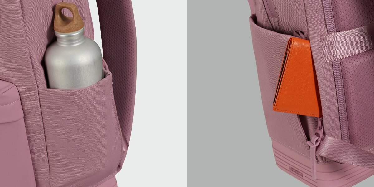 Plecak na laptopa AMERICAN TOURISTER Soulpack Business BP Tote 15 cali Różowy Praktyczne detale plecaka: boczna kieszeń z bidonem oraz ukryta bezpieczna kieszeń na portfel z tyłu.