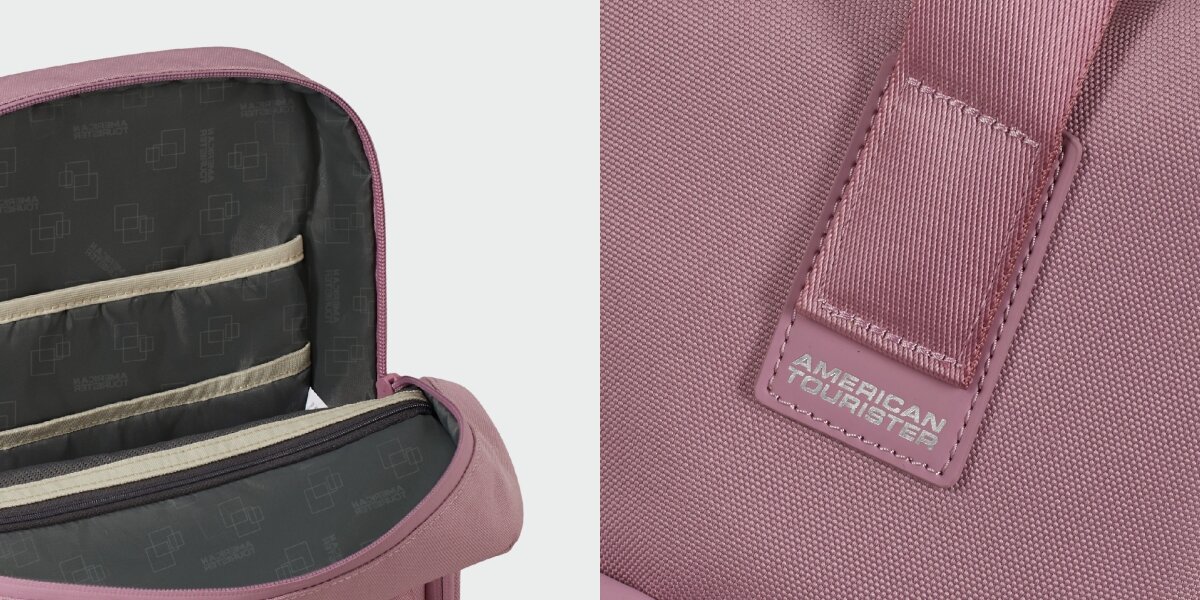 Plecak na laptopa AMERICAN TOURISTER Soulpack Business BP Tote 15 cali Różowy Detale wykończenia: zbliżenie na podszewkę z logo marki oraz naszywkę z napisem American Tourister na froncie plecaka.