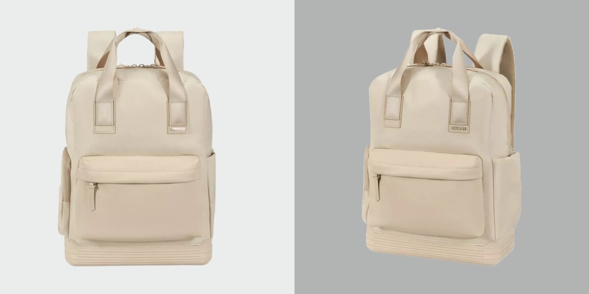 Plecak na laptopa AMERICAN TOURISTER Soulpack Business BP Tote 15 cali Beżowy Elegancki beżowy plecak American Tourister na laptopa widoczny z przodu oraz pod kątem na szarym tle.