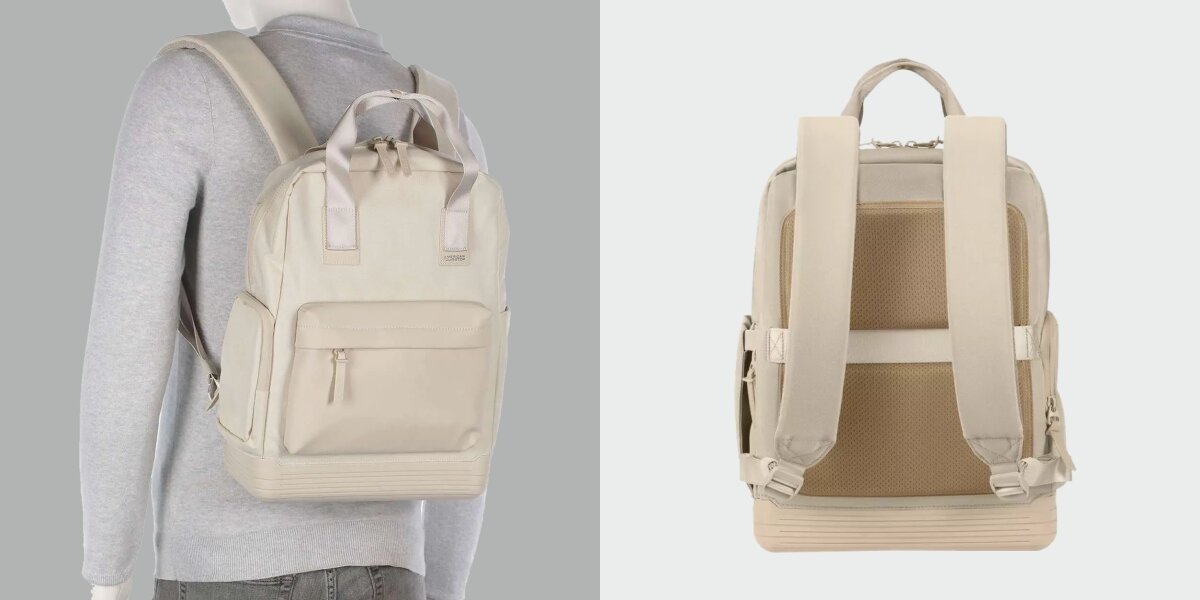 Plecak na laptopa AMERICAN TOURISTER Soulpack Business BP Tote 15 cali Beżowy Beżowy plecak American Tourister prezentowany na plecach modela oraz widok na tył z profilowanymi szelkami i pasem mocującym do walizki.
