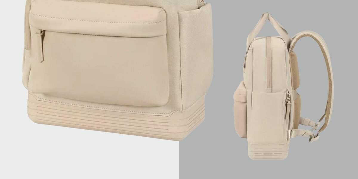 Plecak na laptopa AMERICAN TOURISTER Soulpack Business BP Tote 15 cali Beżowy Zbliżenie na wzmocniony dół beżowego plecaka oraz widok z boku prezentujący smukłą sylwetkę i boczną kieszeń.