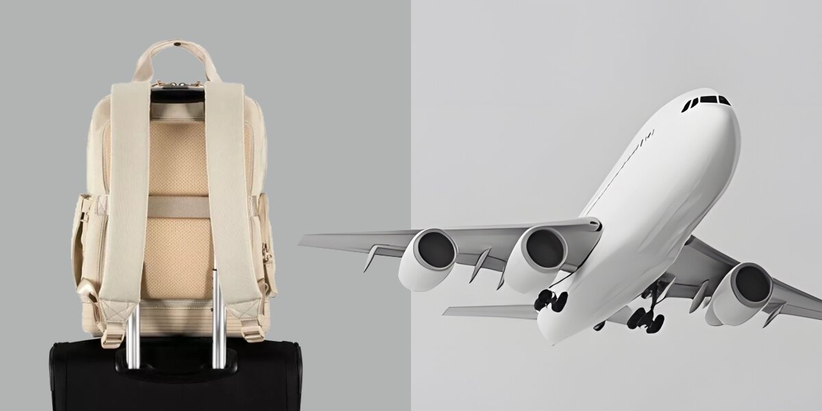 Plecak na laptopa AMERICAN TOURISTER Soulpack Business BP Tote 15 cali Beżowy Beżowy plecak American Tourister zamocowany na uchwycie walizki lotniczej na tle grafiki z samolotem – idealny do podróży.