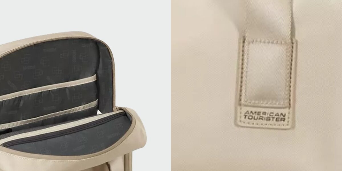 Plecak na laptopa AMERICAN TOURISTER Soulpack Business BP Tote 15 cali Beżowy Detale wykończenia: zbliżenie na podszewkę z logo marki oraz naszywkę z napisem American Tourister na froncie plecaka.