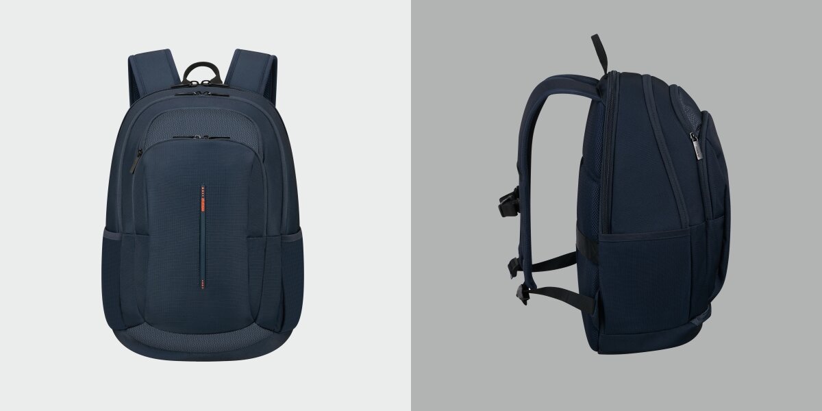 Plecak na laptopa AMERICAN TOURISTER Urban Groove 155517-1265 17.3 cala Granatowy Granatowy plecak biznesowy American Tourister – widok z przodu oraz z boku prezentujący profil i ergonomiczne szelki