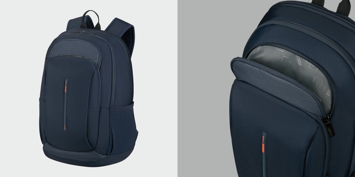 Plecak na laptopa AMERICAN TOURISTER Urban Groove 155517-1265 17.3 cala Granatowy Granatowy plecak na laptopa pod kątem oraz zbliżenie na górną, mniejszą kieszeń wyłożoną szarym materiałem