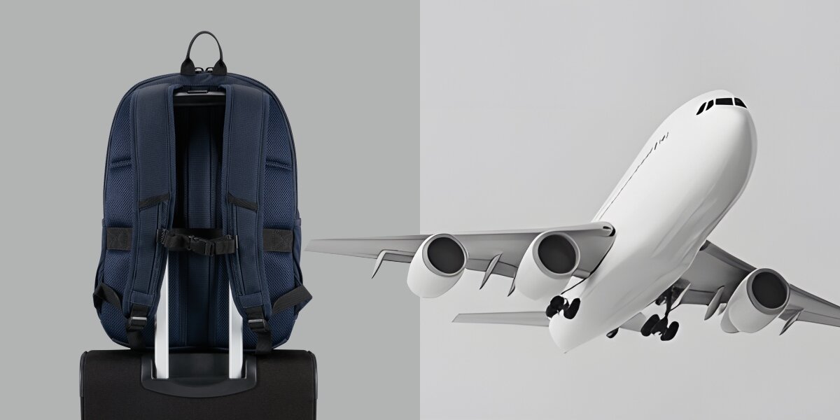 Plecak na laptopa AMERICAN TOURISTER Urban Groove 155517-1265 17.3 cala Granatowy Plecak American Tourister zamontowany na rączce walizki podróżnej (funkcja Smart Sleeve) na tle grafiki samolotu