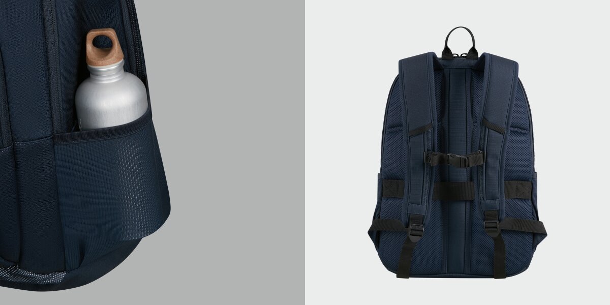 Plecak na laptopa AMERICAN TOURISTER Urban Groove 155517-1265 17.3 cala Granatowy Zbliżenie na boczną kieszeń siatkową z bidonem oraz widok tyłu plecaka z pasem piersiowym i oddychającą pianką na plecach