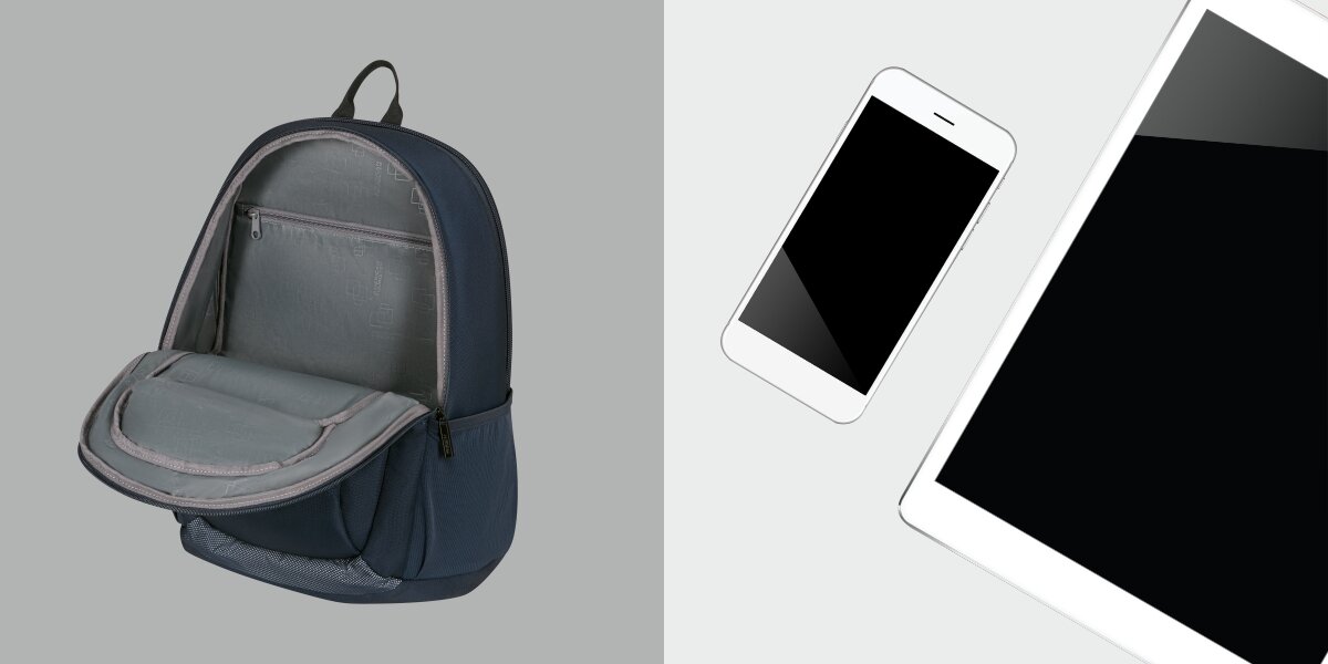 Plecak na laptopa AMERICAN TOURISTER Urban Groove 155516-1265 15.6 cala Granatowy Otwarta komora główna granatowego plecaka z szarą podszewką obok grafik smartfona i tabletu, sugerujących dedykowane miejsce na elektronikę.