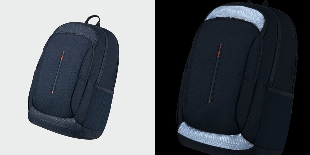 Plecak na laptopa AMERICAN TOURISTER Urban Groove 155516-1265 15.6 cala Granatowy Zestawienie dwóch ujęć granatowego plecaka z widocznymi odblaskowymi elementami na górze i dole, poprawiającymi widoczność.