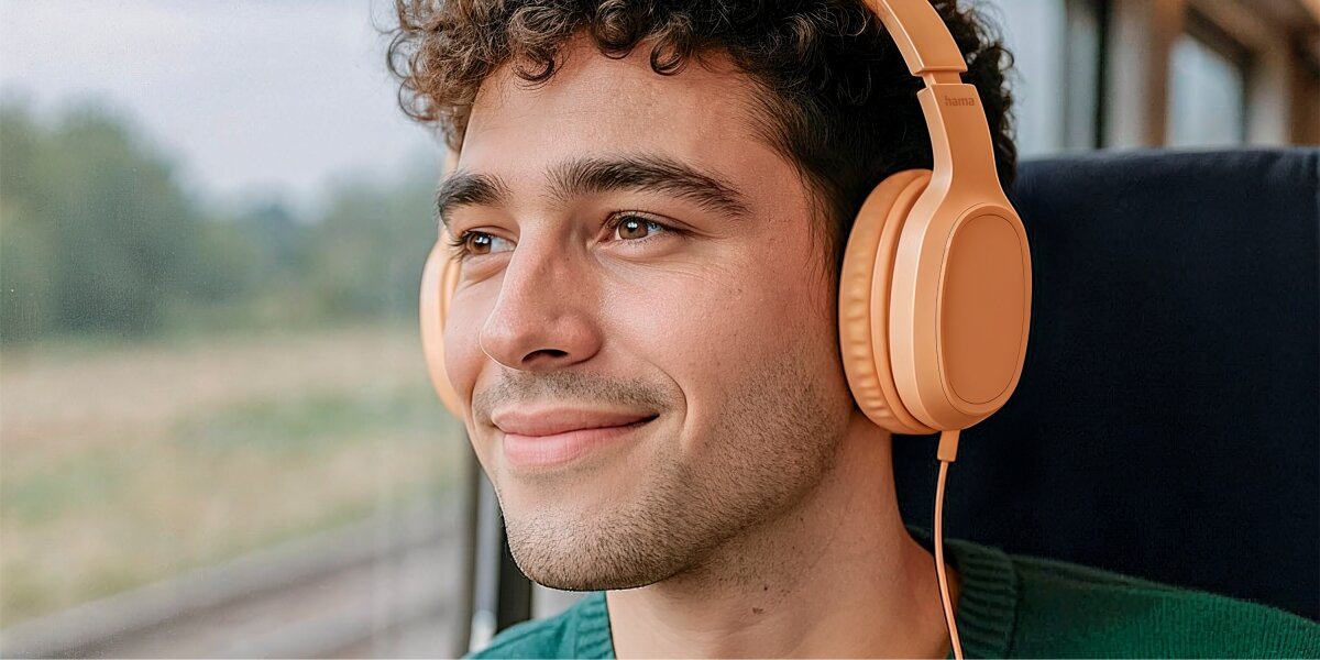 Słuchawki nauszne HAMA Fun C Pomarańczowy Młoda uśmiechnięta kobieta w Pomarańczowych słuchawkach nagłownych Hama, patrząca przez okno pociągu na letni krajobraz.