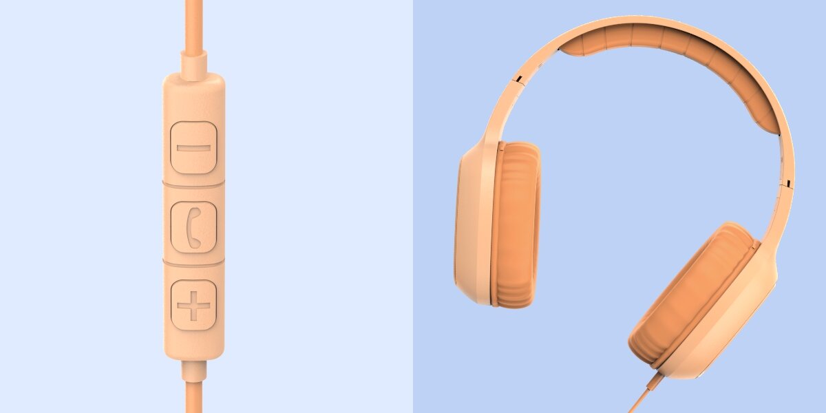 Słuchawki nauszne HAMA Fun C Pomarańczowy Profil Pomarańczowych słuchawek Hama z wyściółką pałąka oraz detal pilota zdalnego sterowania z wyraźnymi symbolami plus, minus i słuchawki.