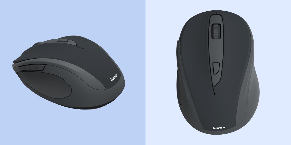 Dwa ujęcia bezprzewodowej myszy komputerowej Hama: widok ukośny z boku i widok z góry. Prezentują one kształt myszy zoptymalizowany dla praworęcznych, kółko przewijania oraz przyciski nawigacyjne po lewej stronie.