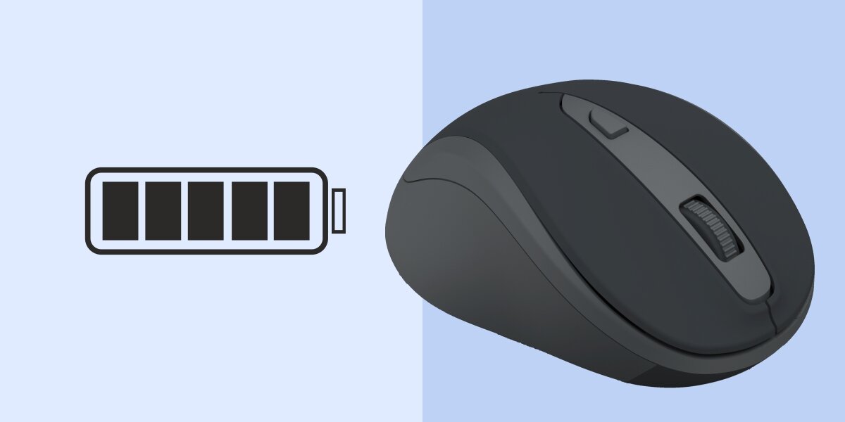 Zbliżenie na bezprzewodową mysz komputerową Hama. Obok znajduje się ikona pełnej baterii, symbolizująca długi czas pracy myszy na jednym ładowaniu lub komplecie baterii.