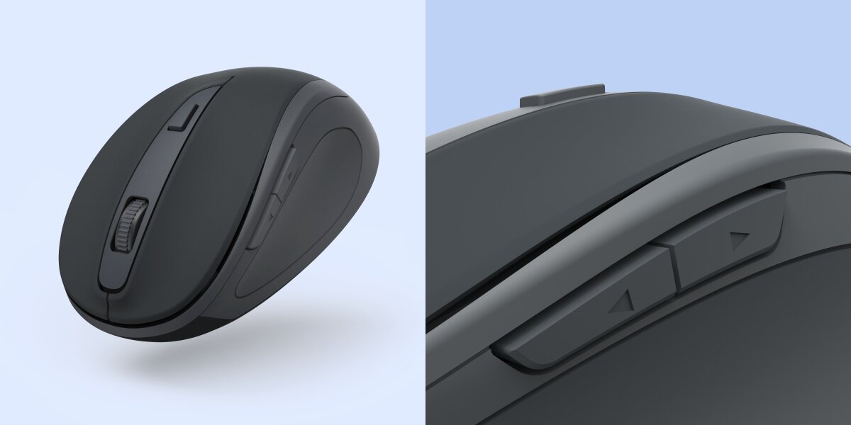 Dwa ujęcia bezprzewodowej myszy komputerowej Hama: widok boczny na całą mysz oraz zbliżenie na dwa boczne przyciski (strzałka w górę i w dół), służące do przewijania stron lub nawigacji (Wstecz/Dalej).