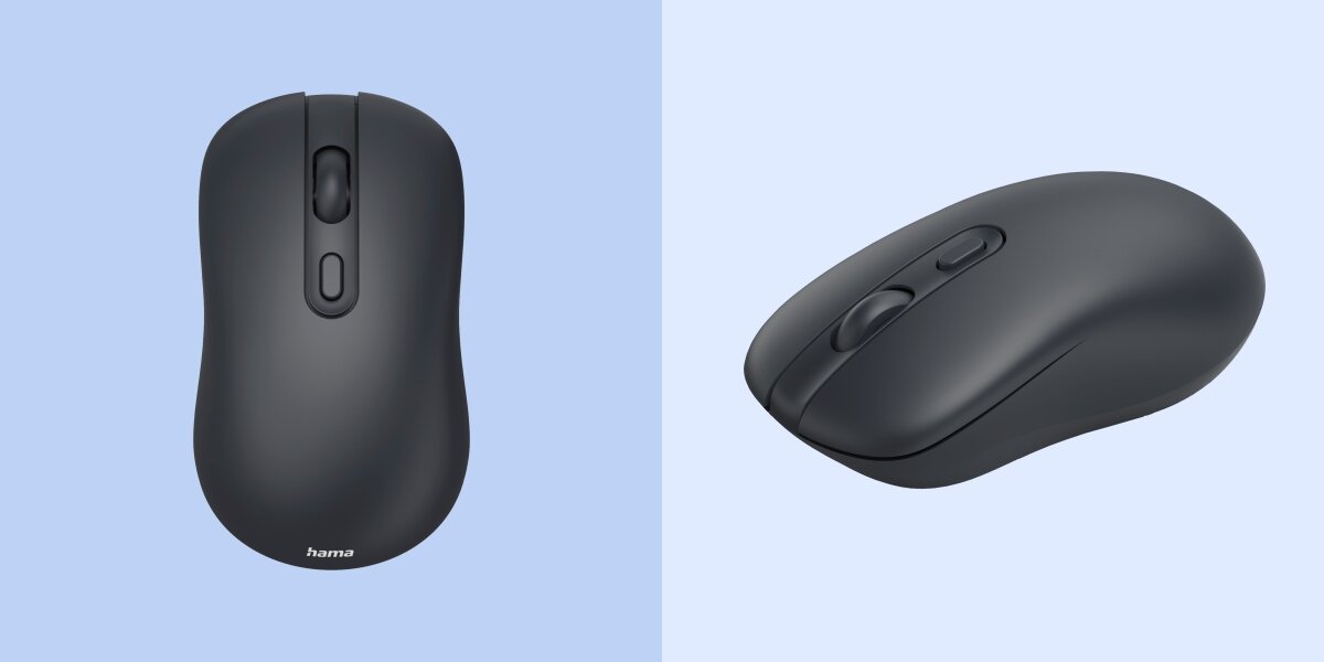 Mysz HAMA WM-200 Czarny Widok z góry oraz z boku na ergonomiczną mysz komputerową marki Hama w ciemnoszarym kolorze.