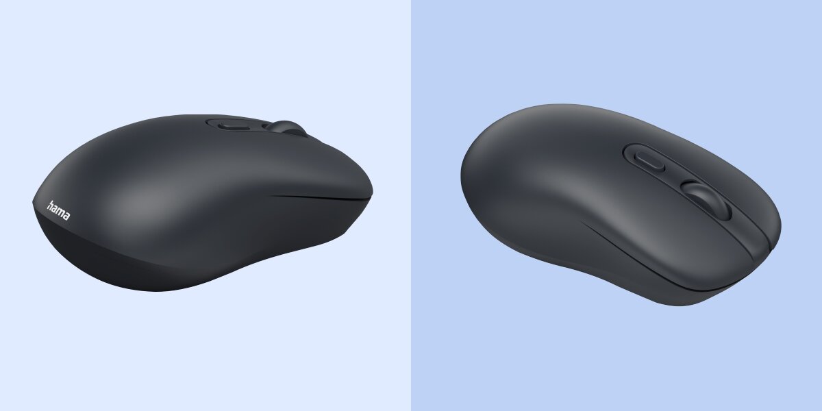 Mysz HAMA WM-200 Czarny Profil myszy bezprzewodowej Hama ukazujący jej smukły kształt oraz gumowaną rolkę przewijania.