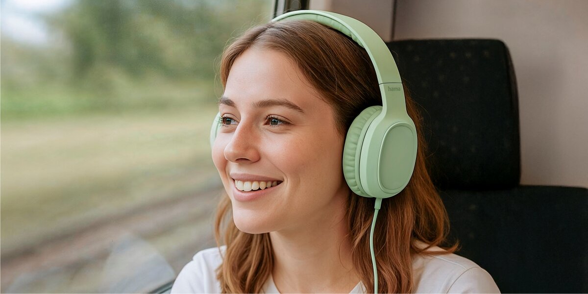 Słuchawki nauszne HAMA Fun C Zielony Młoda uśmiechnięta kobieta w Zielonych słuchawkach nagłownych Hama, patrząca przez okno pociągu na letni krajobraz.