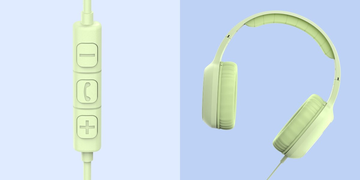 Słuchawki nauszne HAMA Fun C Zielony Profil Zielonych słuchawek Hama z wyściółką pałąka oraz detal pilota zdalnego sterowania z wyraźnymi symbolami plus, minus i słuchawki.