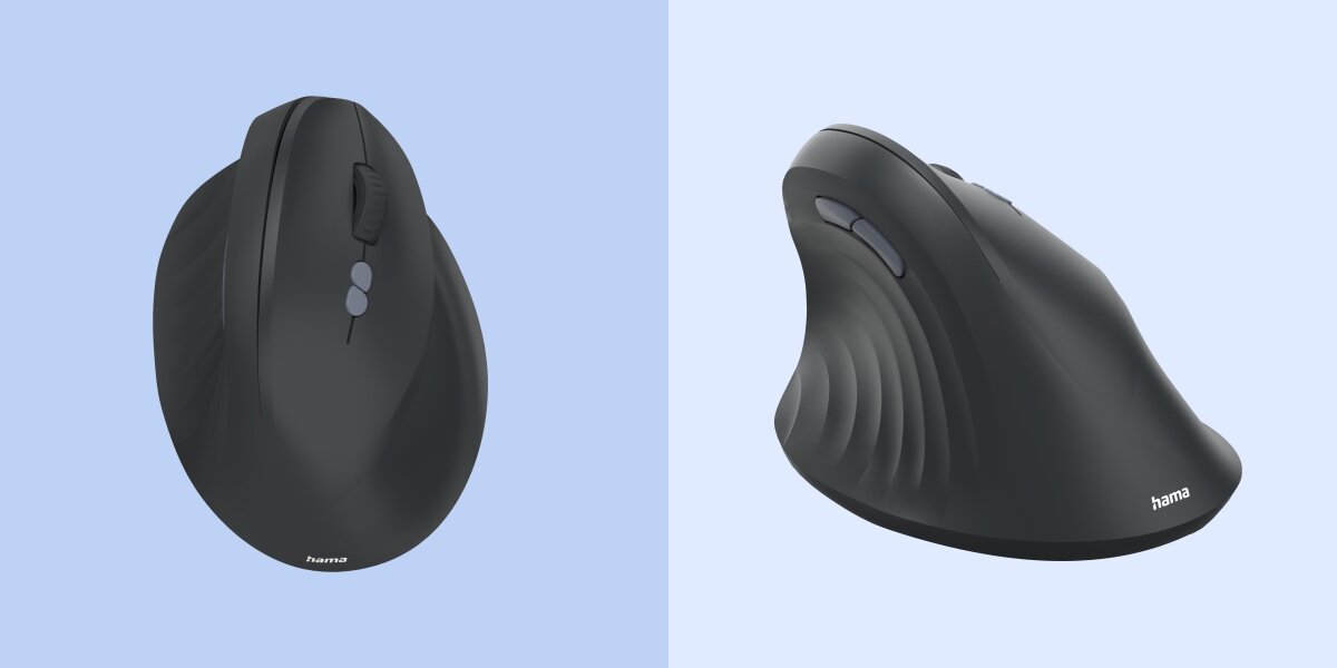 Mysz HAMA EWM-500 Czarny Widok z góry i z profilu na pionową mysz bezprzewodową Hama, prezentujący ergonomiczny kształt i przyciski funkcyjne.