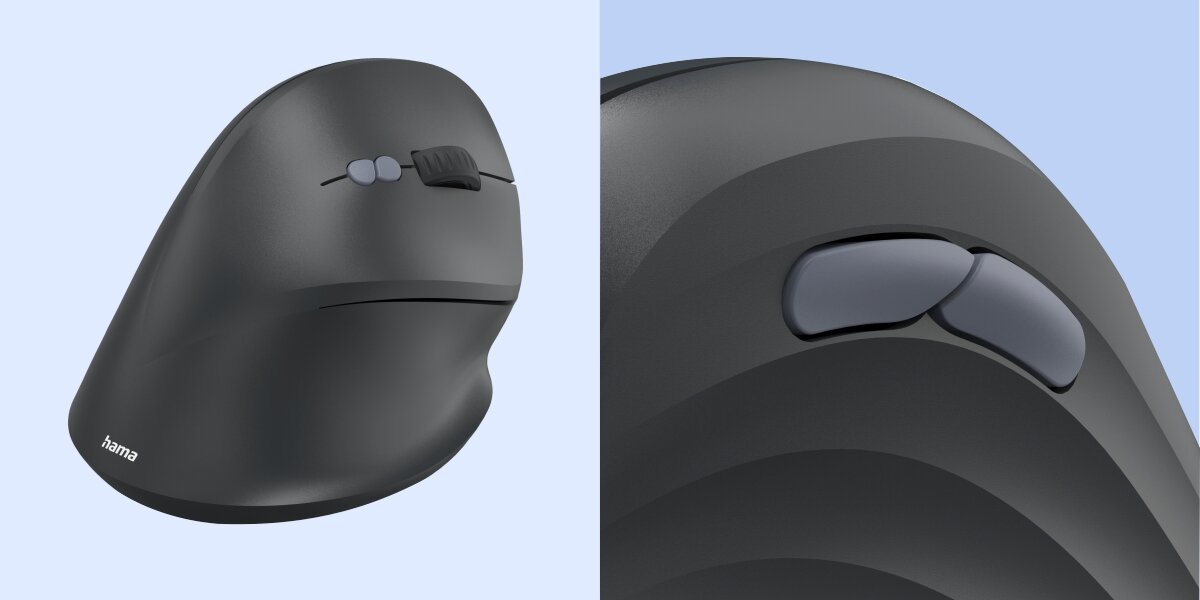 Mysz HAMA EWM-500 Czarny Zbliżenie na panel sterowania myszy pionowej Hama z rolką przewijania oraz przyciskami bocznymi pod kciuk.