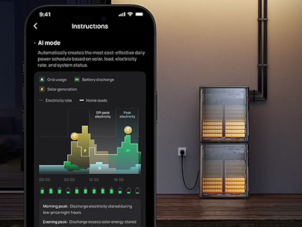 Magazyn energii ECOFLOW EFSTREAMULTRAX800W Stream Ultra X 3840 Wh, aplikacja, sterowanie, oszczędność, automatyka, Zrzut ekranu aplikacji mobilnej do zarządzania energią na tle dwóch ułożonych pionowo magazynów energii.